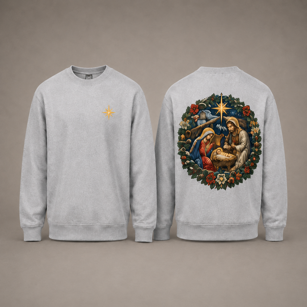 Sweat gris chiné La Nativité, vues de face et de dos